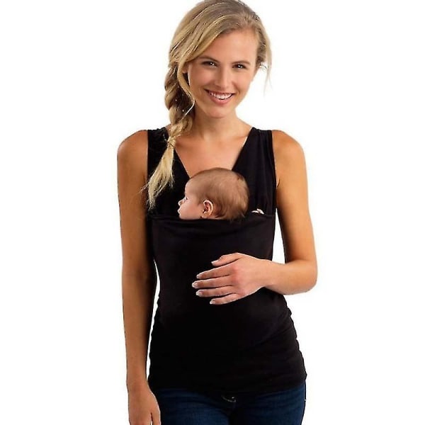 Baby lin kenguru T-skjorte med stor lomme - Black Women 5XL