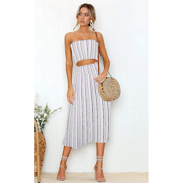 Blomsterbluse til kvinder, Maxi-nederdeldragtskjole. White Striped X-Large