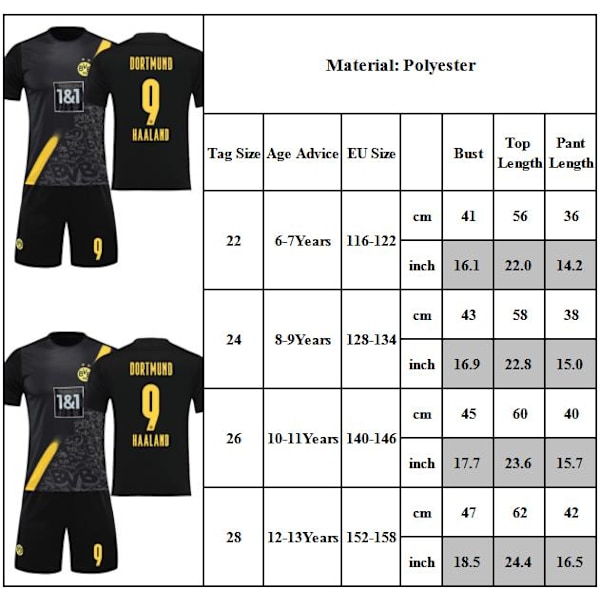 Dortmund Away Haaland Kids Football Kits for Boys Y black 8-9 Years