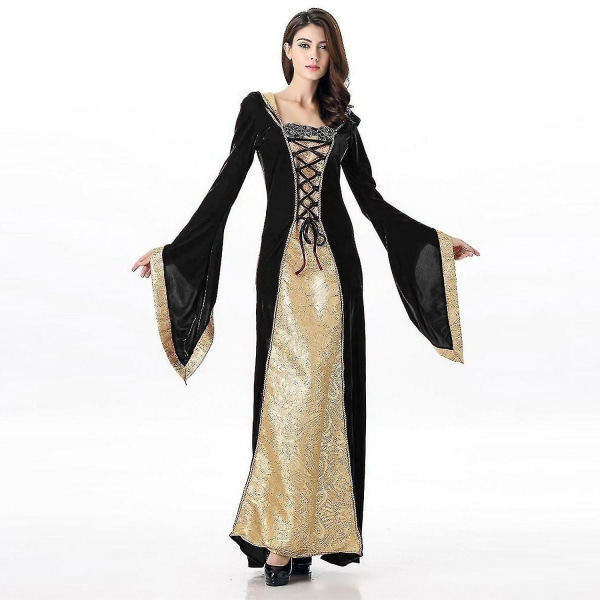 Middelalderkjole for kvinner Renessansekjole Irsk bonde vintage fløyelseventyr gotisk ballkjole Blonder utsvingt langermet Halloween-kostyme CNMR black XL
