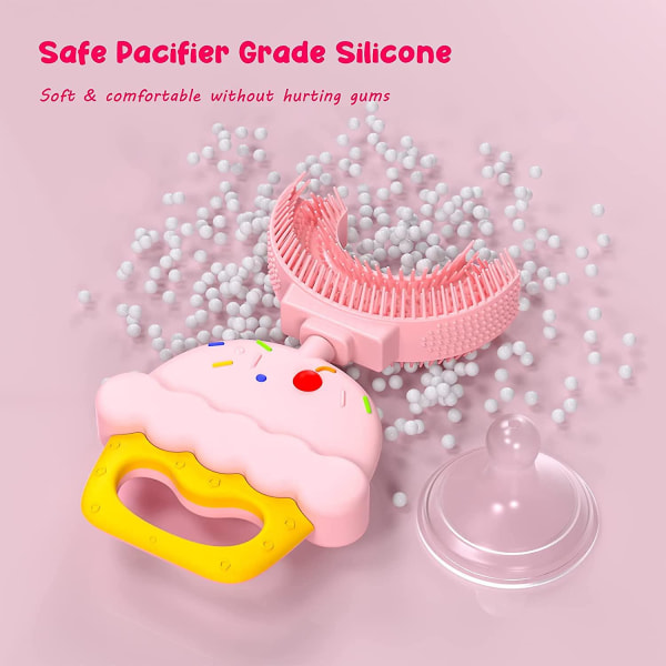 U-formet tannbørste for barn, premium mykt silikon tannbørstehode, 360 oral tannrengjøring, småbarn 2-6 år, rosa CNMR Apink Cake