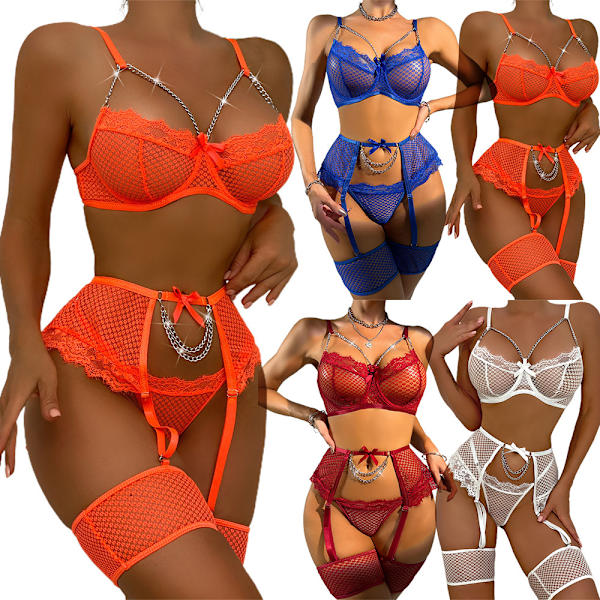 Kvinnors sexiga spetsunderkläder BH Thong Sets Cosplay Nattkläder Sleep K Fluorescent orange M