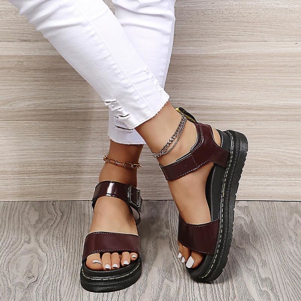 Damsandaler med platt form sommar ankelrem Chunky Platform Fashion Shoes Z X Red Brown EU 38
