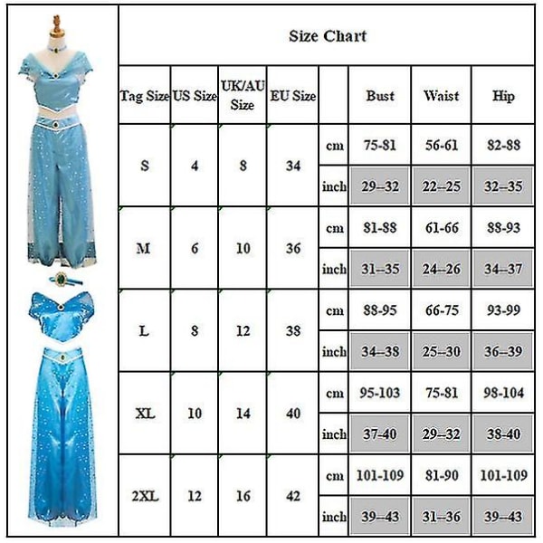 Aladdin Jasmin Princess Kostume Fancy Dress Up Carnivals Halloween Cosplay Party Outfits Dark Blue 2XL