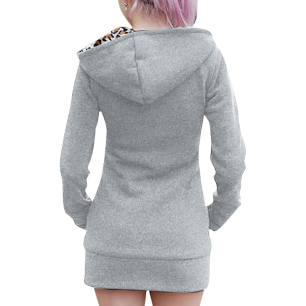 Vinter Kvinnor Hooded Thickened Plus Fleece Leopard Sweater Jacka Y Gray M