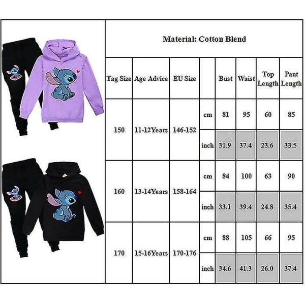 Barn Lilo And Stitch Print träningsoverall Set Långärmad hoodie Sweatshirt Långa joggingbyxor Sportoutfit K Purple 13-14Y