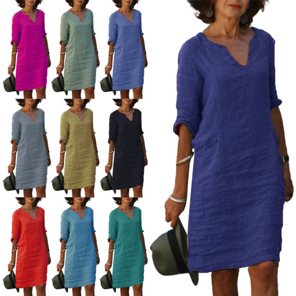 Dame V-hals Tunika Midi-kjole 3/4-ermet T-skjortekjoler zy Blue S