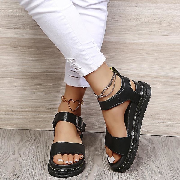 Damsandaler med platt form sommar ankelrem Chunky Platform Fashion Shoes Z X Black EU 43