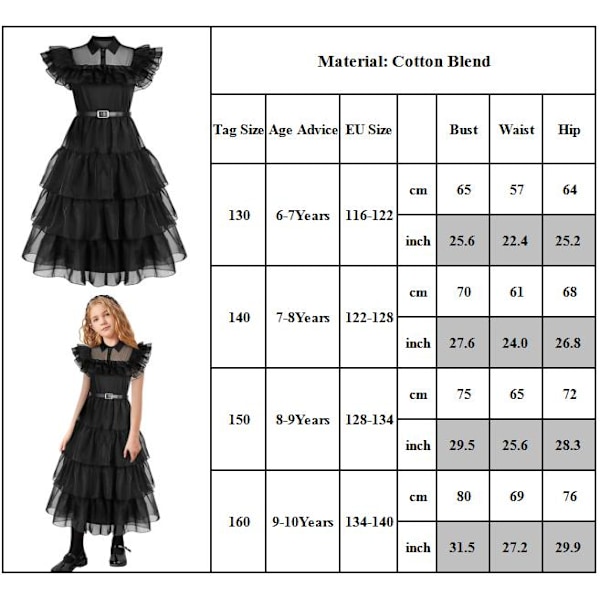 Onsdag Addams Klänning Barn Flickor Halloween Kostym Roll zy 140cm