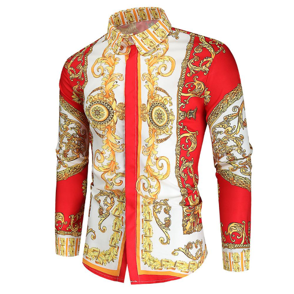Herr Royal Shirt Print Lapel Luxury Slim Shirt Business Långärmad passform Toppar för festbal CNMR Z X Red 2XL
