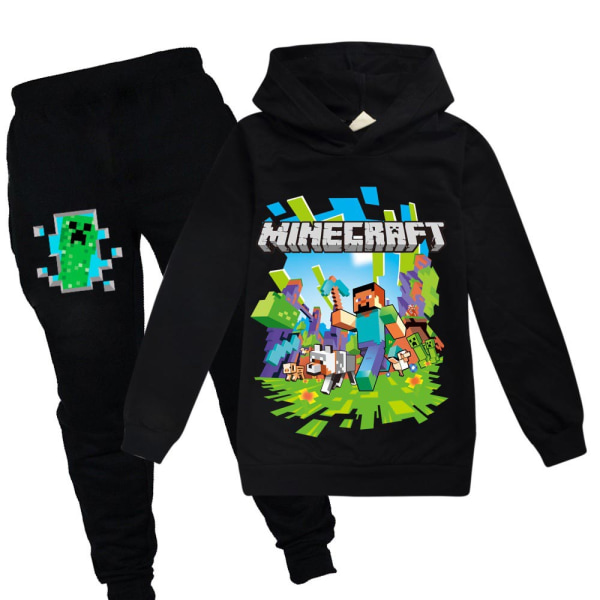 Kid Minecraft Treningsdresssett Sport Print Hoodie Bukser Outfit Set Z black 130cm
