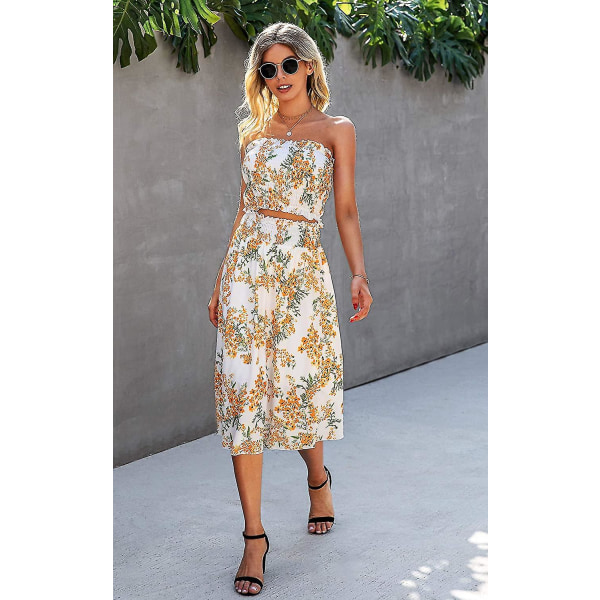 Blomsterbluse til kvinder, Maxi-nederdeldragtskjole. Yellow Large