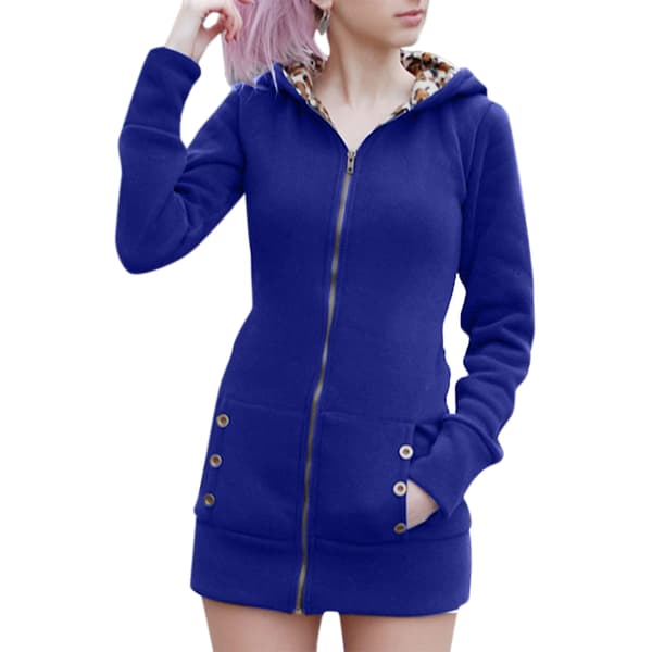 Vinter Kvinnor Hooded Thickened Plus Fleece Leopard Sweater Jacka Y Blue M