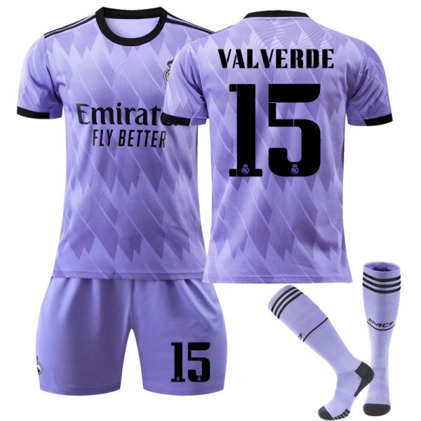 Real Madrid 2022/23 udebanetrøje Valverde No.15 fodboldtrøje 3-delt sæt til børn Voksne V 20(110-120CM)