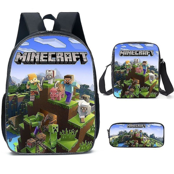 3 stk Minecraft skoleveske ryggsekk for gutter barn, ryggsekker med messenger bag og blyantveske -1 3 piece set