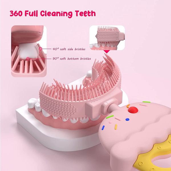 U-formet tannbørste for barn, premium mykt silikon tannbørstehode, 360 oral tannrengjøring, småbarn 2-6 år, rosa CNMR Apink Cake