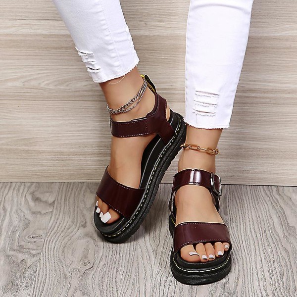 Damsandaler med platt form sommar ankelrem Chunky Platform Fashion Shoes Z X Red Brown EU 39