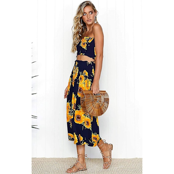 Blomsterbluse til kvinder, Maxi-nederdeldragtskjole. Navy Blue X-Large