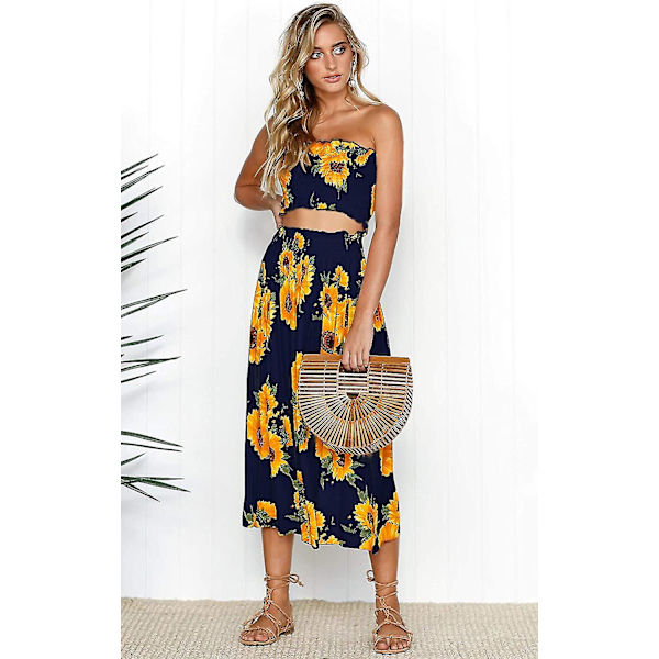 Blomsterbluse til kvinder, Maxi-nederdeldragtskjole. Navy Blue X-Large