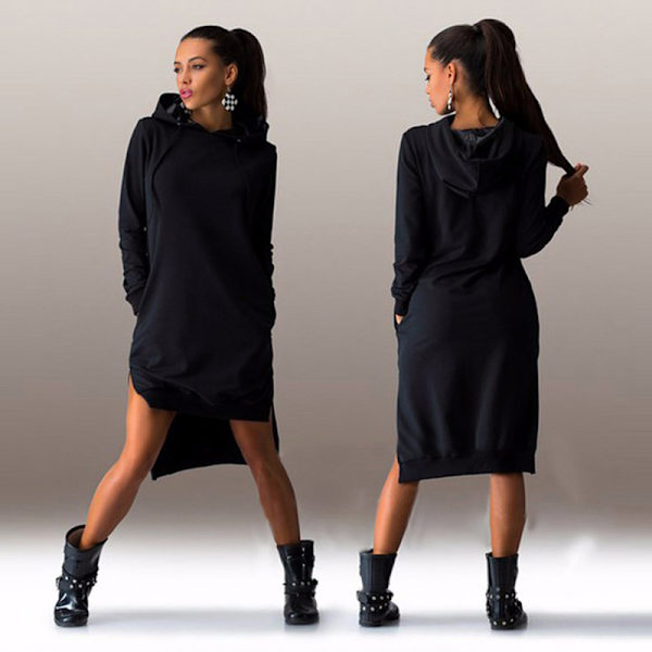 Langermet genser med hette for kvinner - black XL