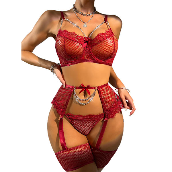 Kvinnors sexiga spetsunderkläder BH Thong Sets Cosplay Nattkläder Sleep K Burgundy L