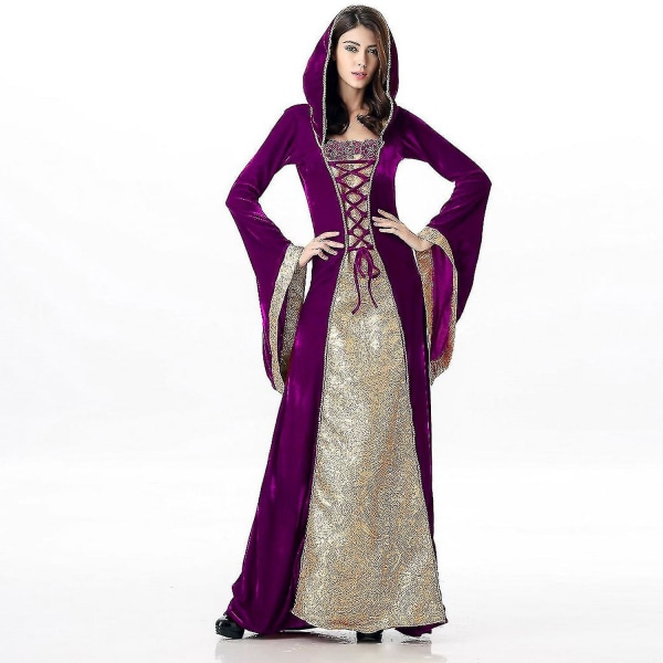 Middelalderkjole for kvinner Renessansekjole Irsk bonde vintage fløyelseventyr gotisk ballkjole Blonder utsvingt langermet Halloween-kostyme CNMR purple L