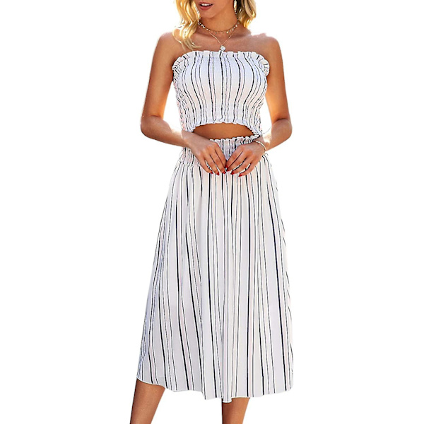 Blomsterbluse til kvinder, Maxi-nederdeldragtskjole. White Striped Large