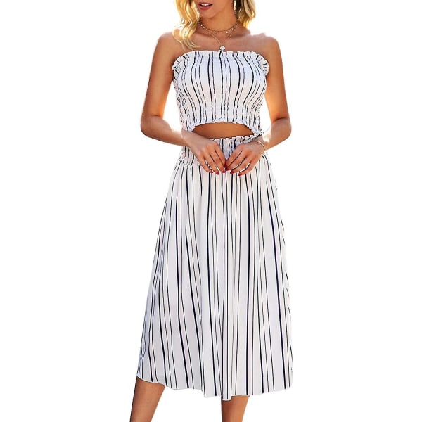 Blomsterbluse til kvinder, Maxi-nederdeldragtskjole. White Striped Small