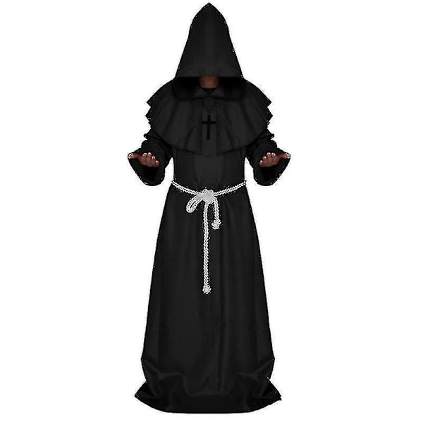 Vuxen munk Hooded Robe Kappa Cape Friar medeltida prästdräkt Black S