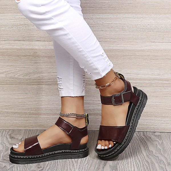 Damsandaler med platt form sommar ankelrem Chunky Platform Fashion Shoes Z X Red Brown EU 38