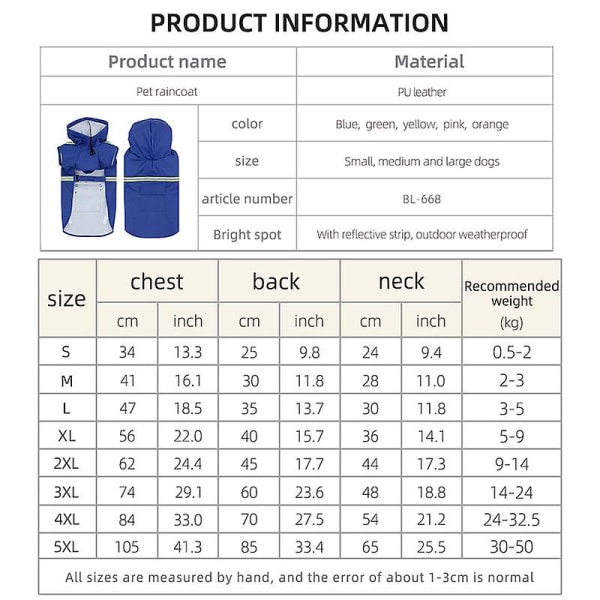 Suuri koiran sadetakki säädettävät lemmikkieläinten vedenpitävät vaatteet kevyet sadetakki poncho-hupparit, joissa on heijastava CNMR-hihna blue 3XL