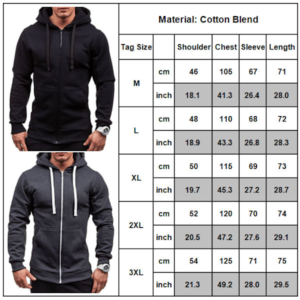 Män Enfärgad dragkedja Huvjacka Casual utomhussportkappor Z Black XL