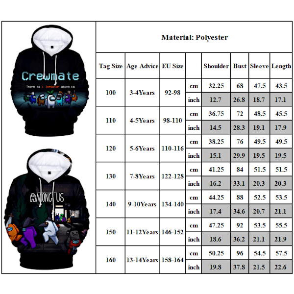 Among Us 3D Print Hoodie Pojkar med fickor Rolig tröja H B 120cm