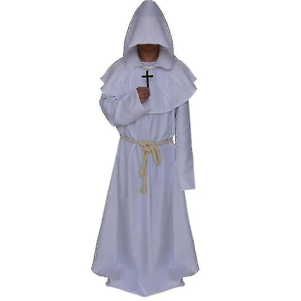 Vuxen munk Hooded Robe Kappa Cape Friar medeltida prästdräkt White S
