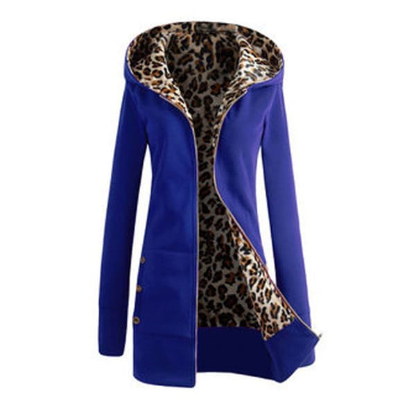 Vinter Kvinnor Hooded Thickened Plus Fleece Leopard Sweater Jacka Y Blue M