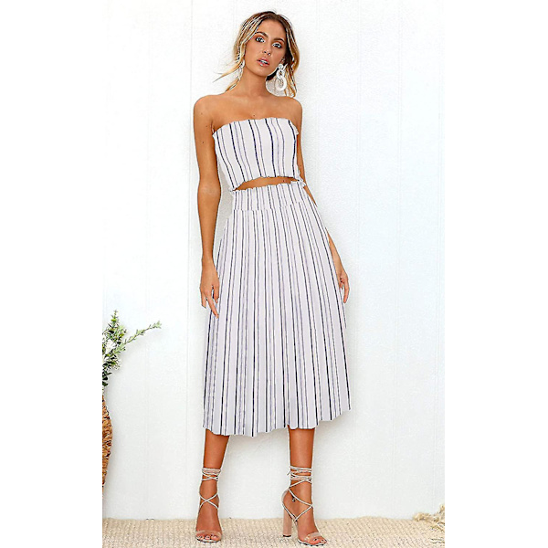 Blomsterbluse til kvinder, Maxi-nederdeldragtskjole. White Striped Medium