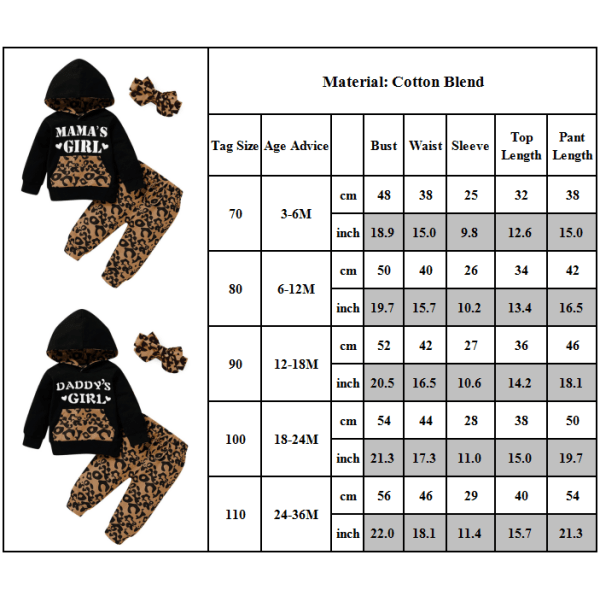 Kid Girl Hooded Långärmad Casual Leopard Pant Pannband Outfit Z MAMA 80cm