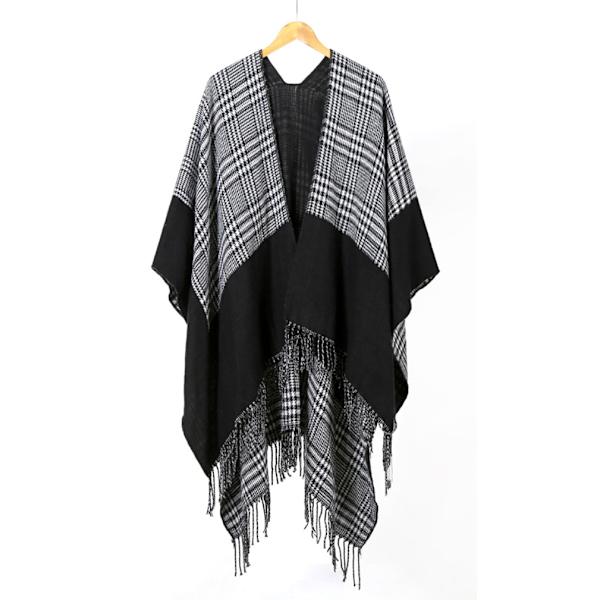 Svart Rutig Hoodie Cape Lovers' Poncho Loose Warm Cardigant H