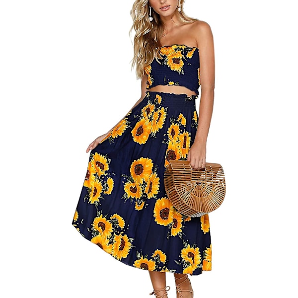 Blomsterbluse til kvinder, Maxi-nederdeldragtskjole. Navy Blue X-Large