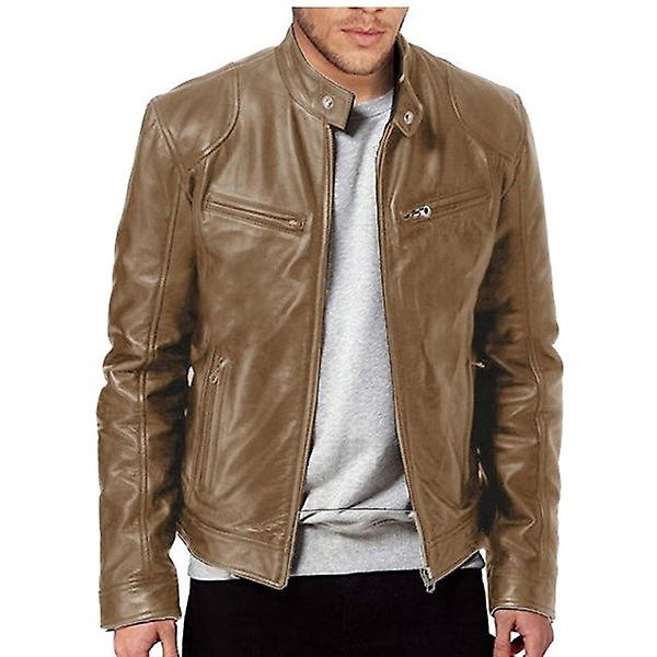 Män Vinter läderjacka ångärmad dragkedja Slim Biker Coat Stand Krage Casual Ytterkläder CNMR Khaki L