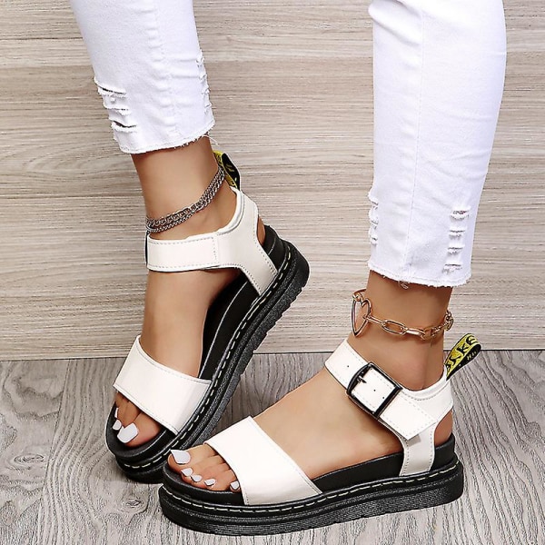 Damsandaler med platt form sommar ankelrem Chunky Platform Fashion Shoes Z X White EU 42