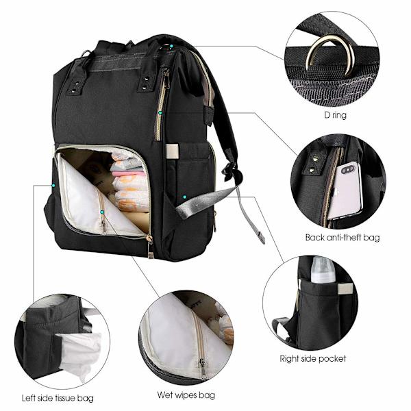 Skötväska Ryggsäck - Ticent Multifunction Travel Back Pack-1 Black