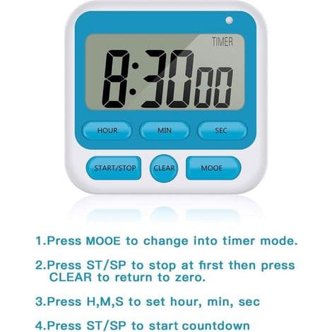 Stor LCD digital kjøkkentimer med nedtellingstimer, alarm og læringsfunksjon, 24-timers format, magnetisk, blå