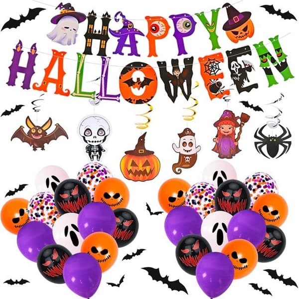 Halloween ballongsett for festdekorasjon, med 3D-flaggermus og spindelvev