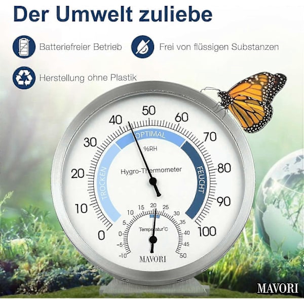 Indendørs Analog Hygrometer Termometer - Rustfrit Stål Fugtighedsmåler og Rumtermometer