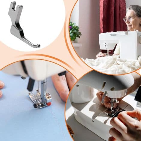 Symaskintilbehør: plug-in-system, trykkfot, syguide, krøllbeskytter