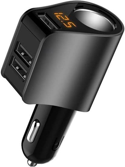 Biloplader, multi-USB cigarettænderadapter, stikfordeler med 3 USB-porte og voltmeter, kompatibel