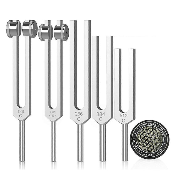 Stämgafflar för läkning Set 128Hz, 136Hz, 256Hz, 384Hz, 512HZ & Hockeypuck-aktivator för läkning, So