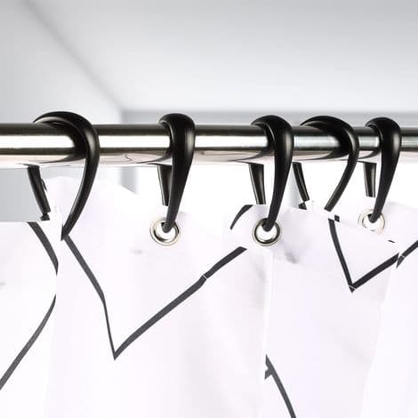 Fjäderbelastade duschdraperikrokar, svarta duschdraperiringar i plast, duschdraperistänger - förpackning med 12