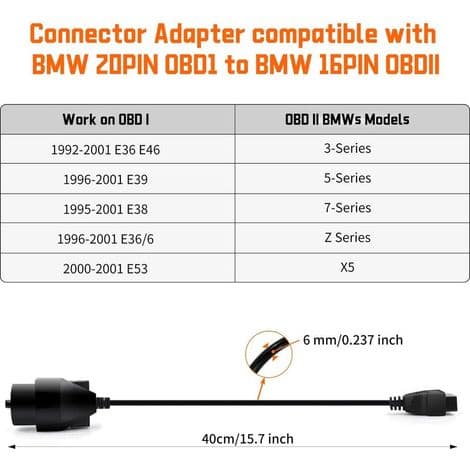 OBD-adapterkabel, 20-pin rund hann til 16-pin hunn OBD2-kontakt, kontakt for 20-pin OBDII diagnostisk skanner for BMW E36 E38 E39 E46 E53 X5 Z3